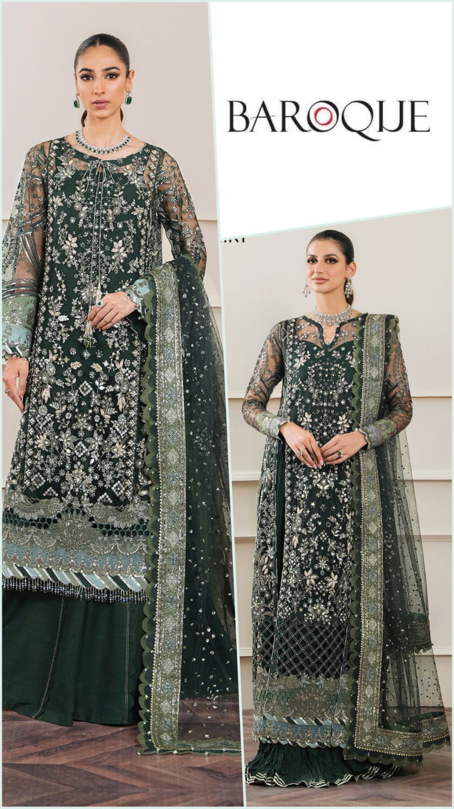 Baroque Luxury Chiffon Semi Stitched 3Pc Bottel Green