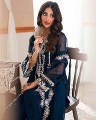 Azure Embroidered Net Navy Blue Stitched Suit
