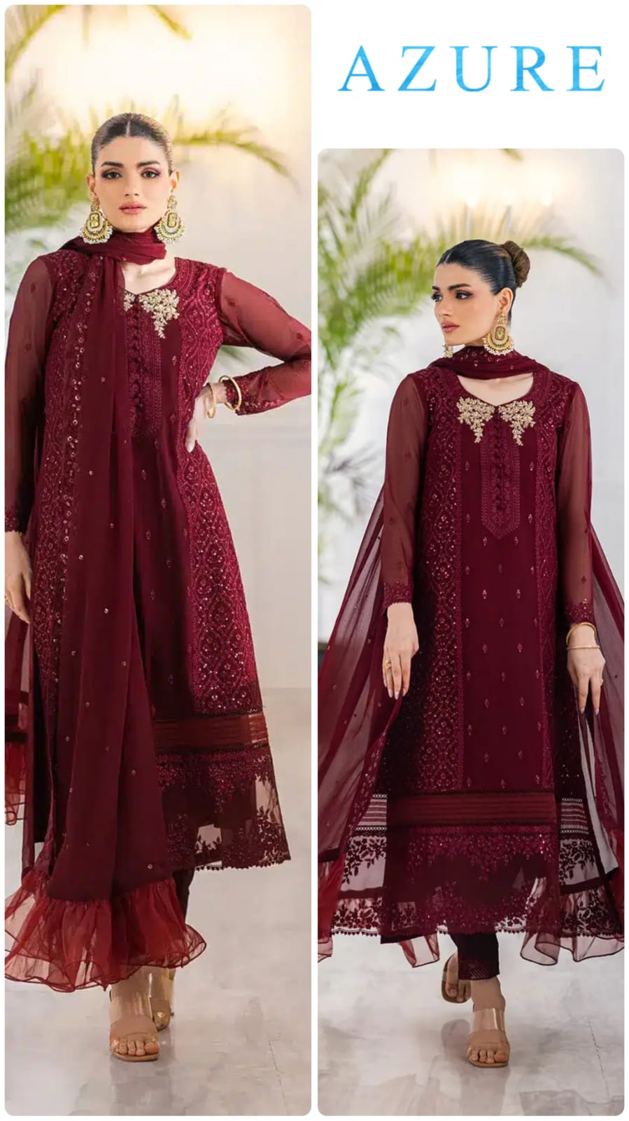 Azure Luxury Chiffon Unstitched 3pc Maroon