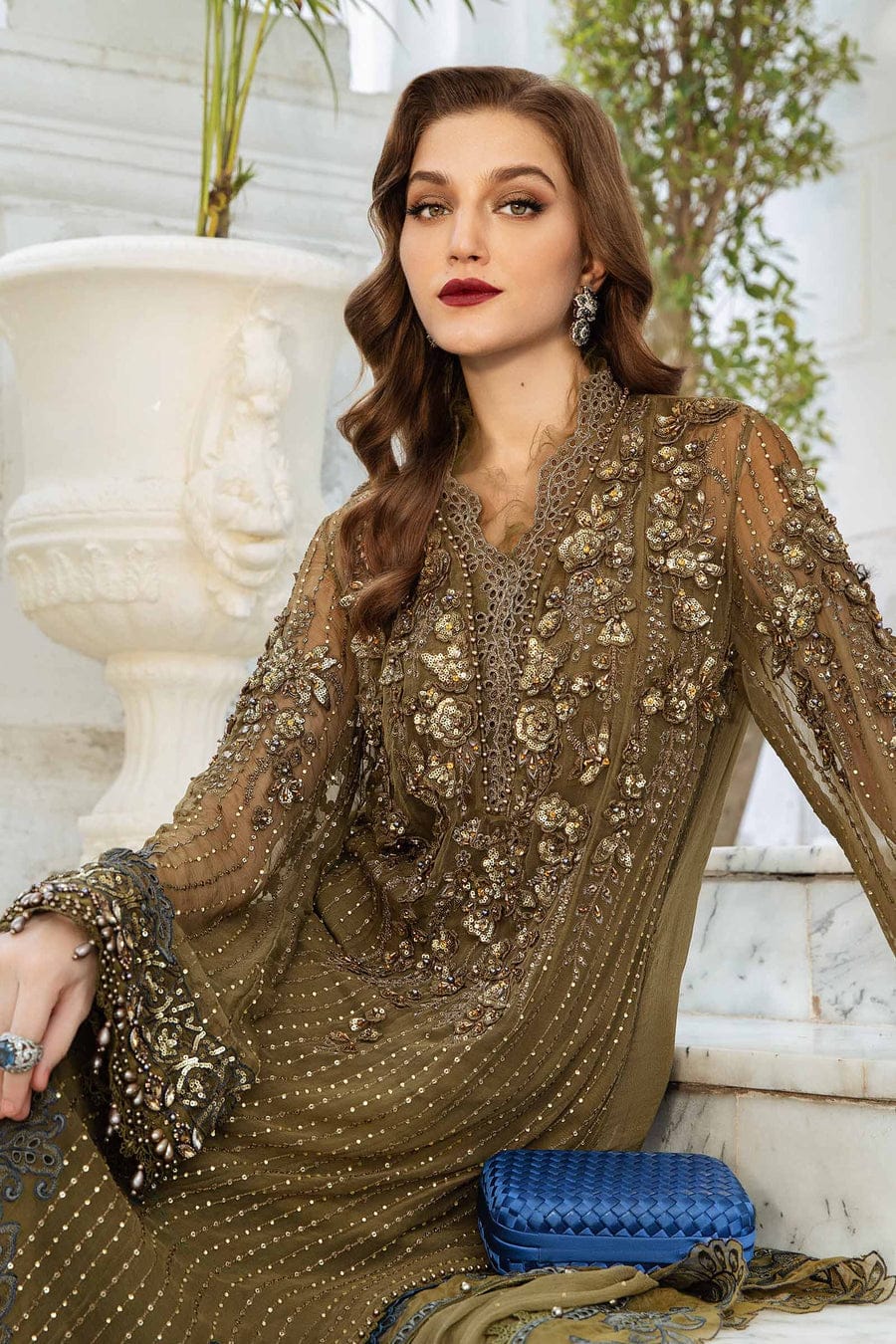 Maria B Luxury Chiffon Unstitched 3pc Mehndi Green