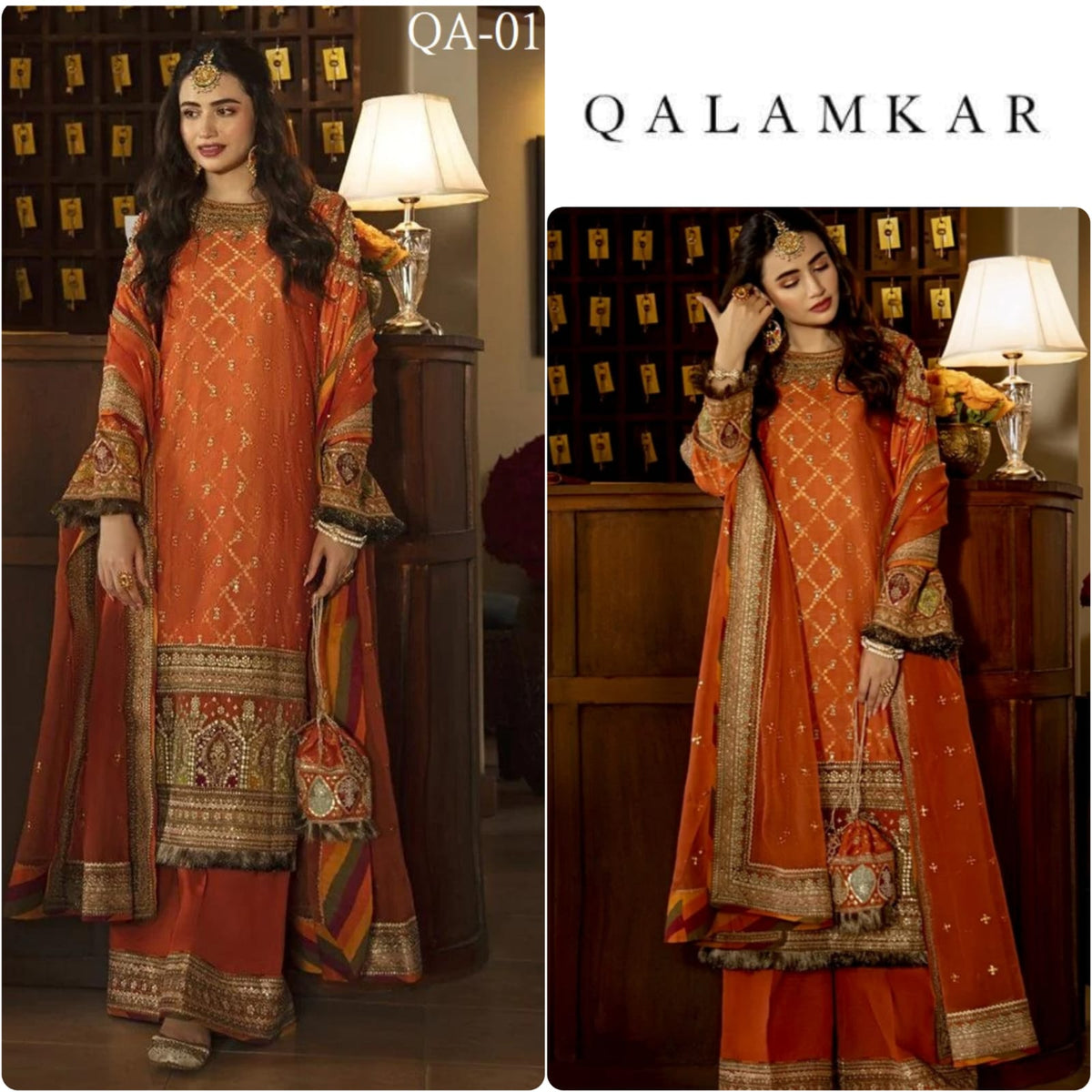 Qalamkar Luxury Chiffon Unstitched 3pc Rust