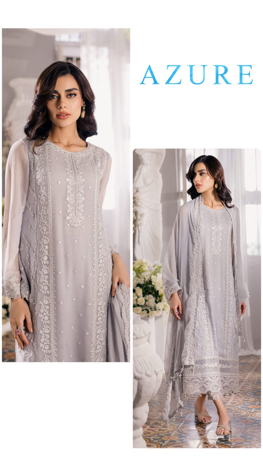 Azure Luxury Chiffon Unstitched 3pc Grey